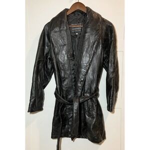 Navarre Leather Co. Italian Stone Design Black Patchwork Trench Coat Small Vtg